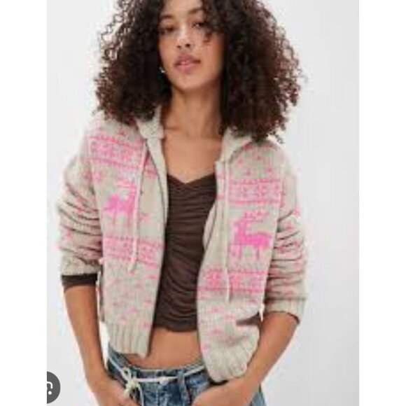 American Eagle sz L  Hooded Zip Up Cardigan Sweater Christmas Fair Isle - Picture 1 of 13